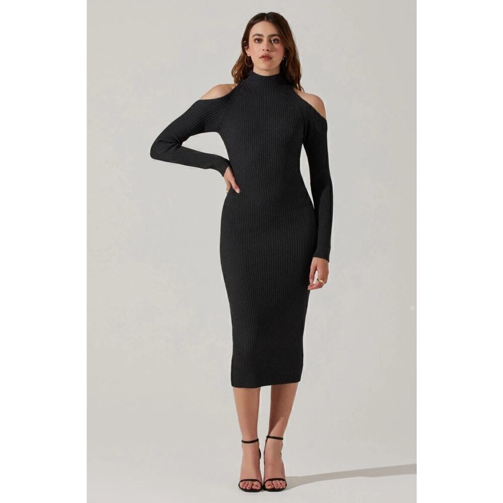 ASTR Sweater Dress Ribbed Cold Shoulder Long Sleeve Midi Charcoal Black Small